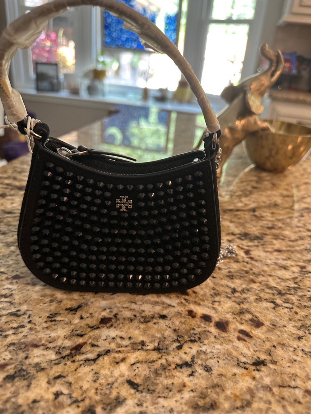 Tory Burch Black Studded Mini Bag with Top Handle NWOT Emerson crystals nano